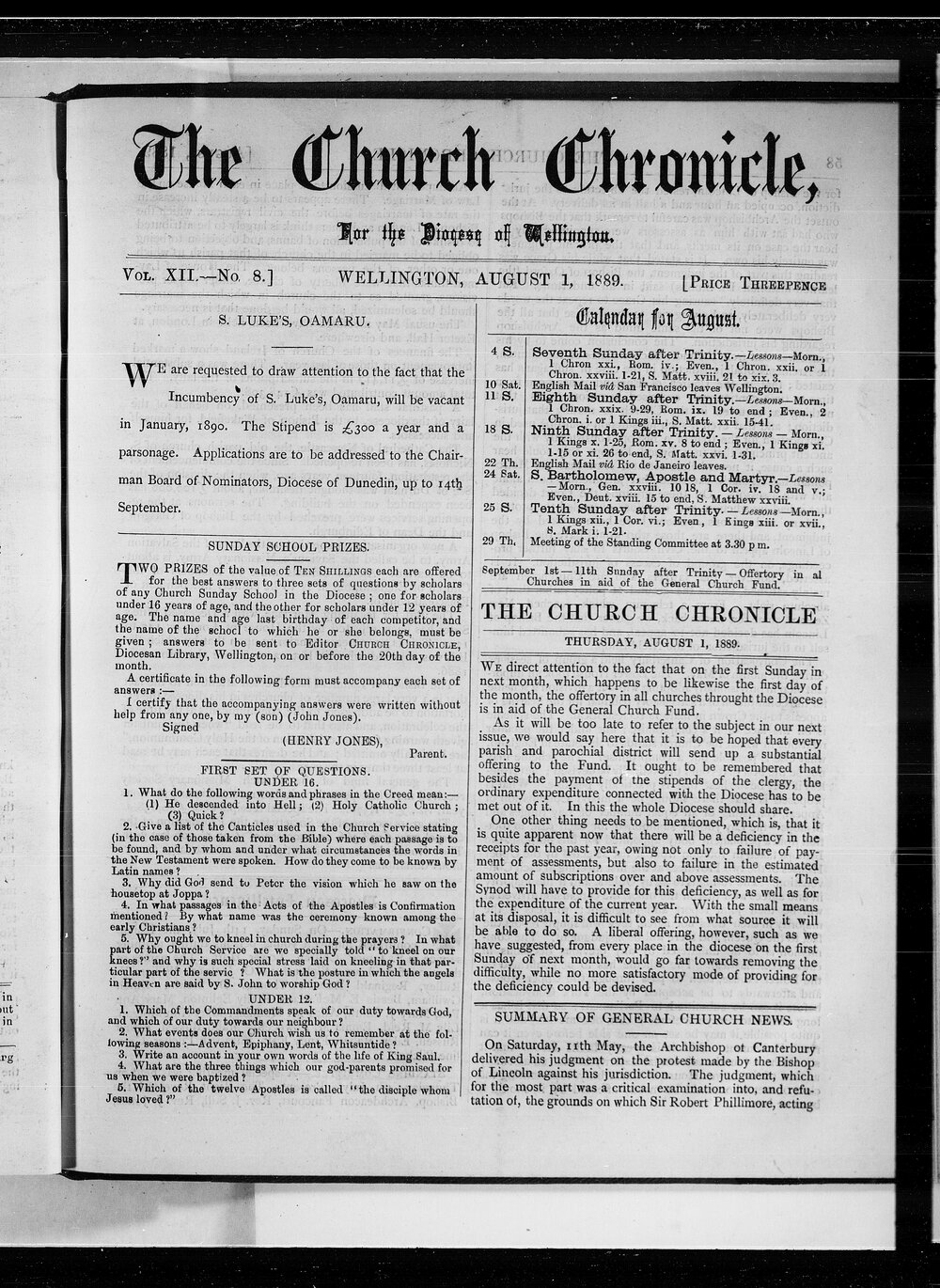 The Church Chronicle, Wellington: 1st August 1889