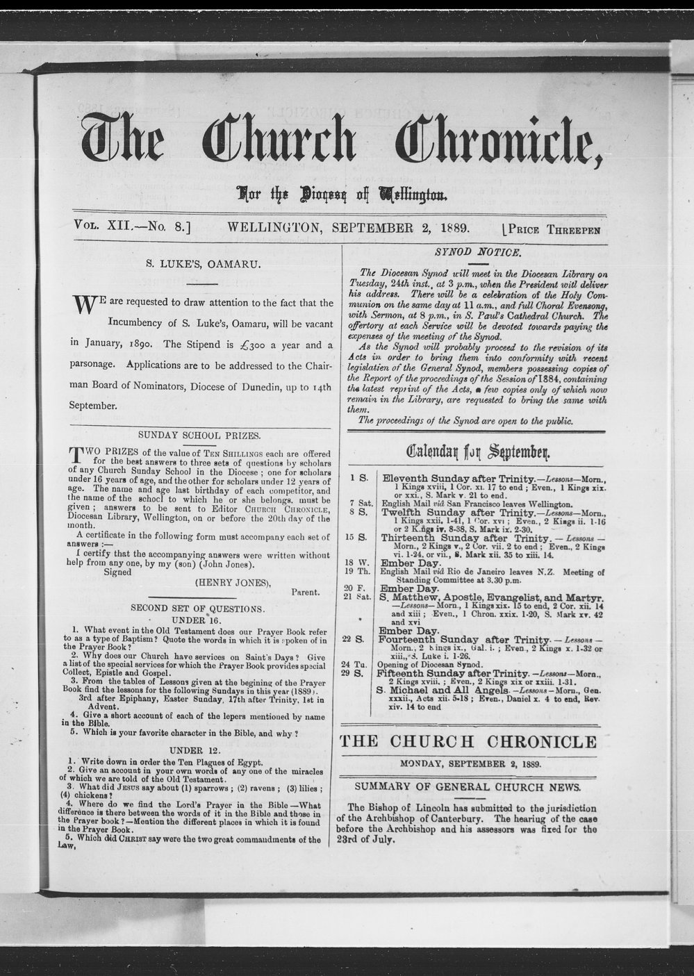 The Church Chronicle, Wellington: 1st September 1889