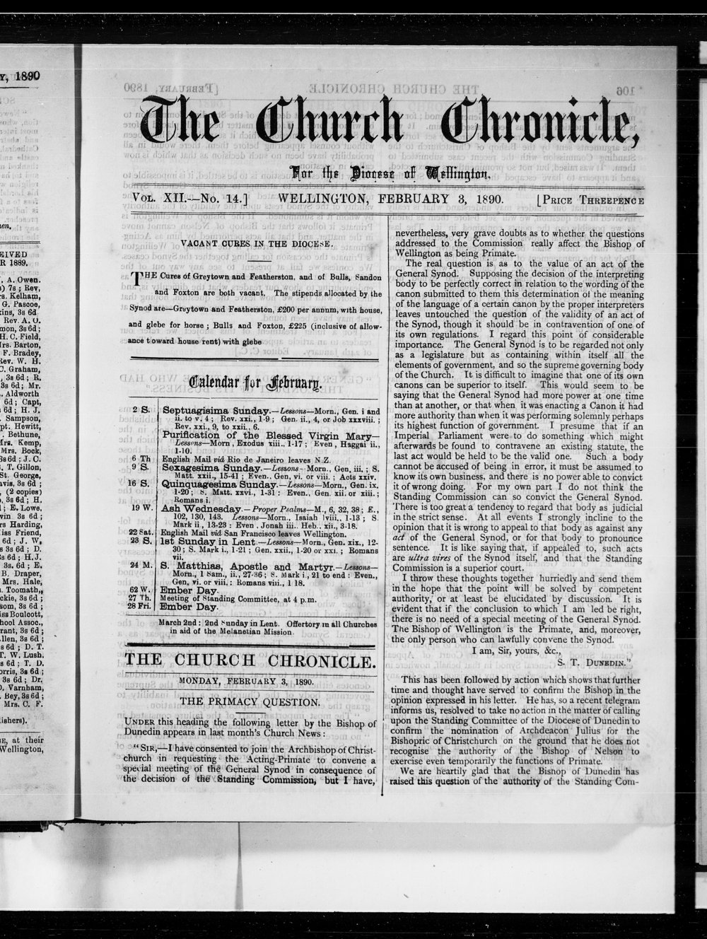 The Church Chronicle, Wellington: 3rd February 1890