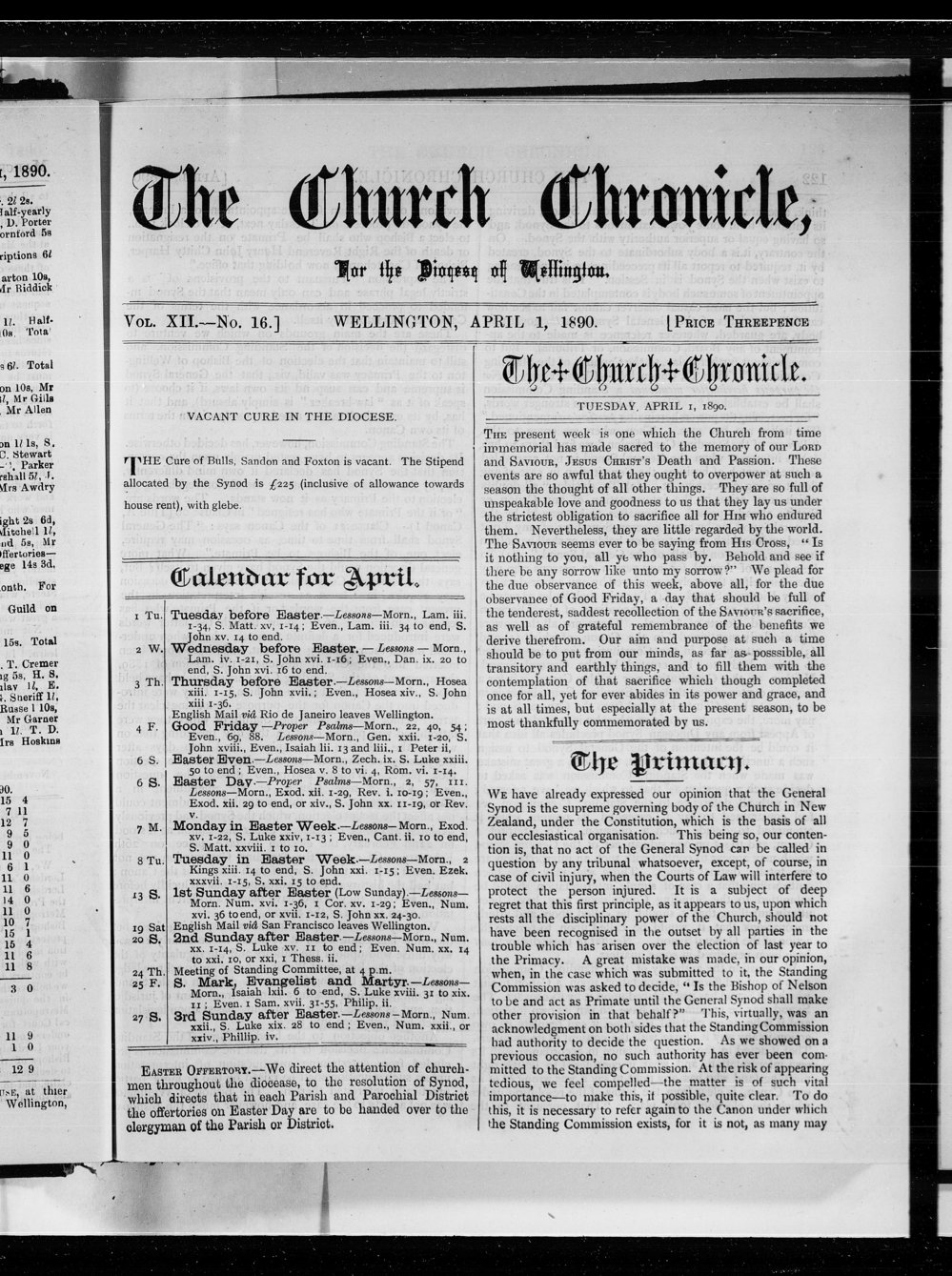 The Church Chronicle, Wellington: 1st April 1890