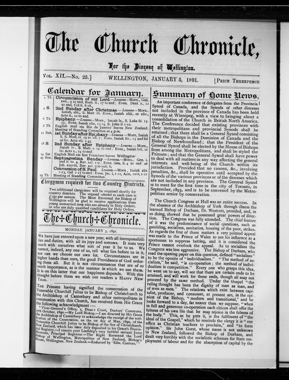 The Church Chronicle, Wellington: 5th January 1891