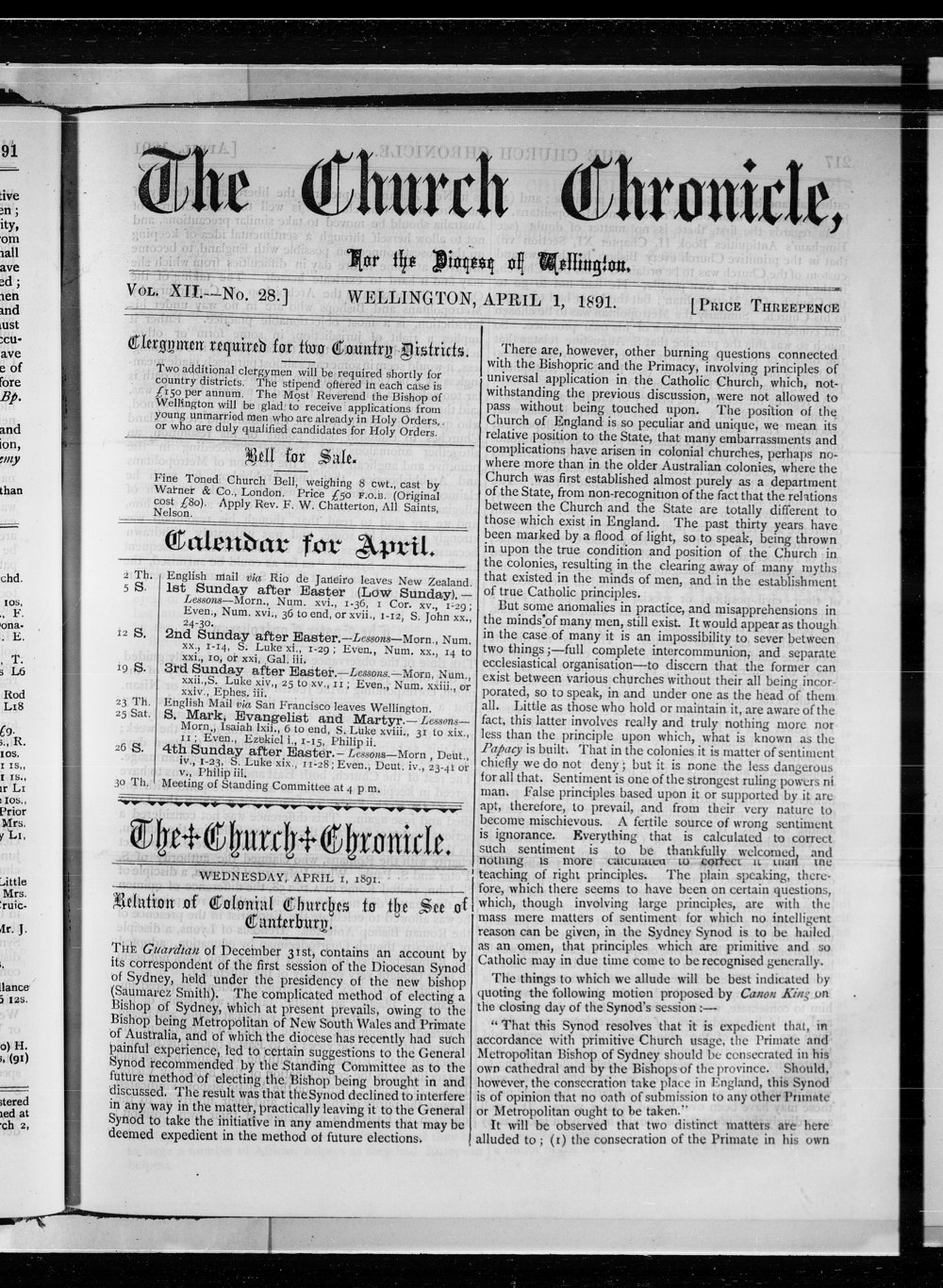 The Church Chronicle, Wellington: 2nd April 1891
