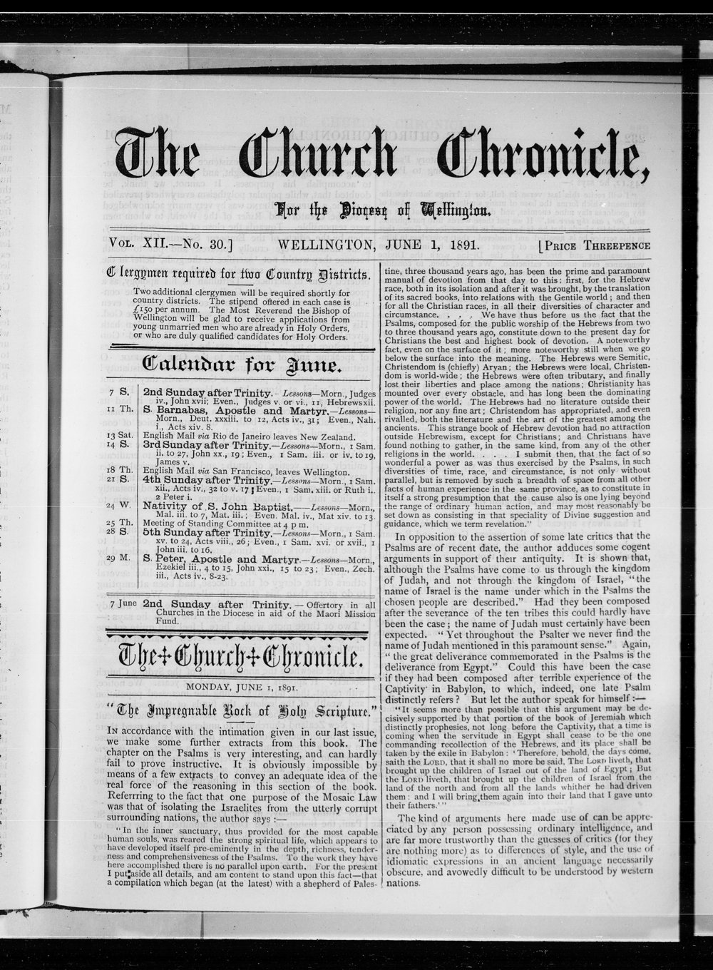 The Church Chronicle, Wellington: 1st June 1891
