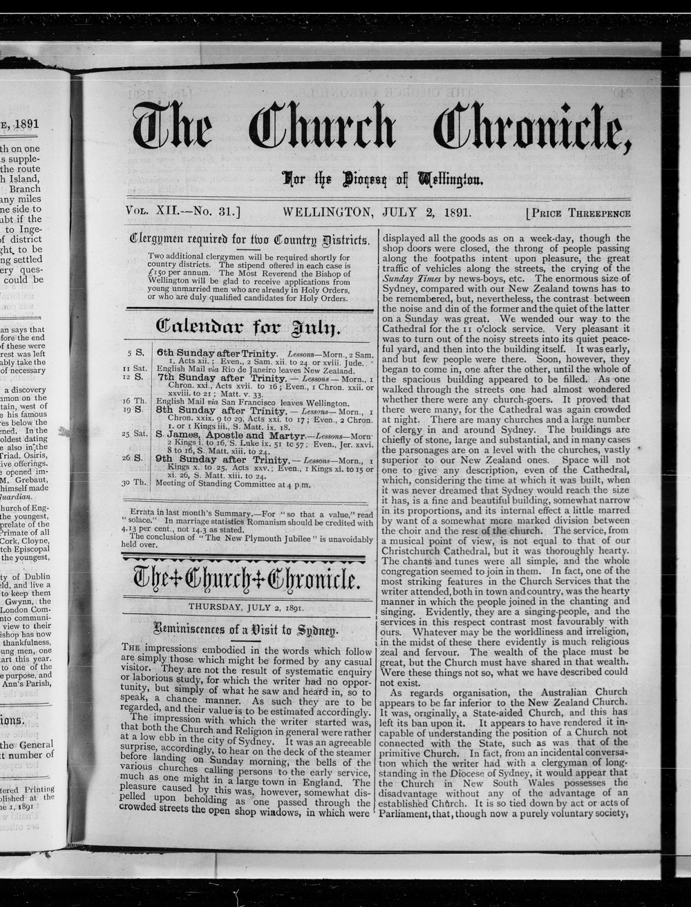 The Church Chronicle, Wellington: 2nd July 1891