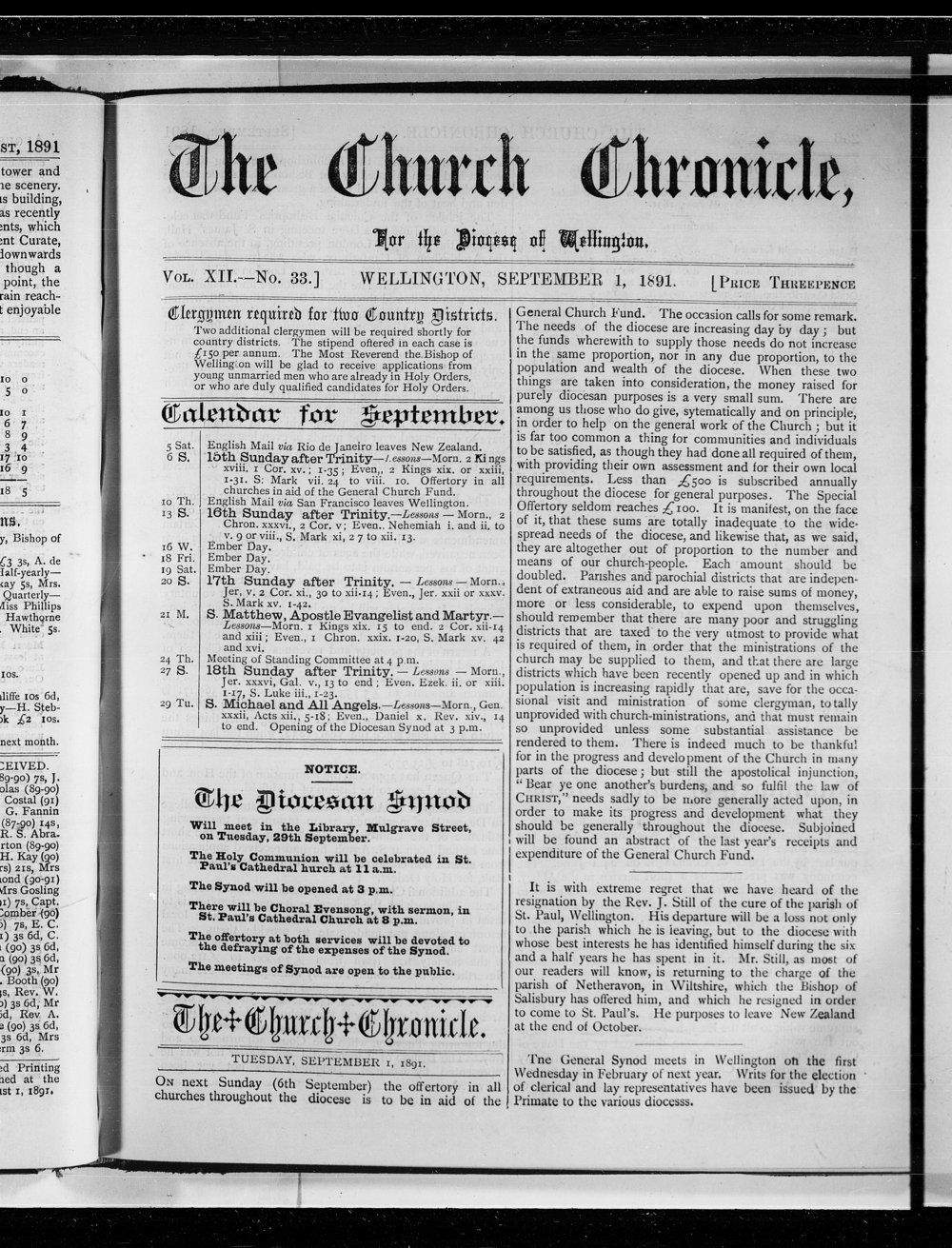 The Church Chronicle, Wellington: 1st September 1891