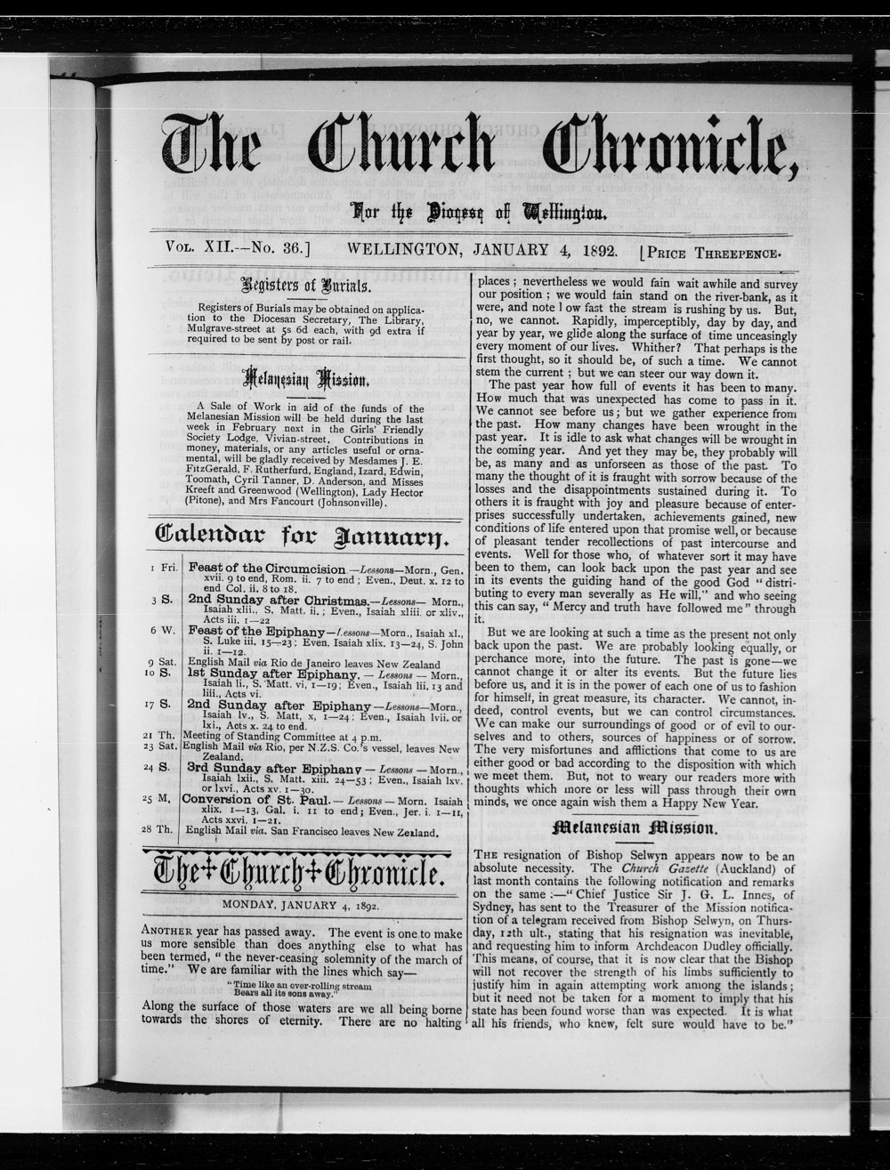 The Church Chronicle, Wellington: 4th January 1892