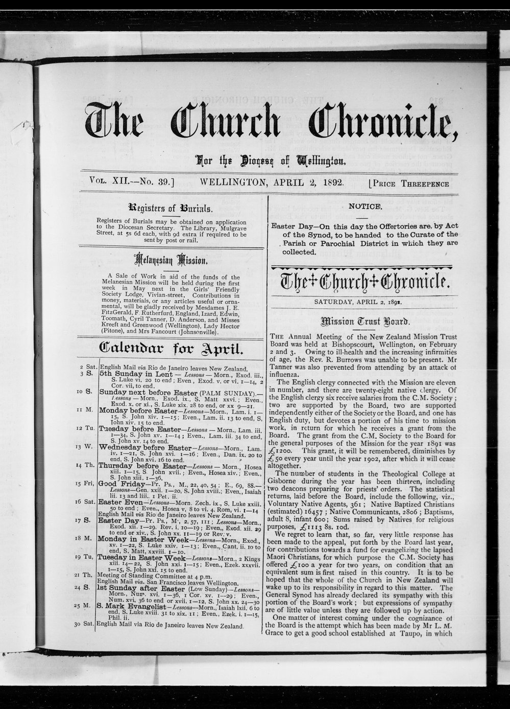 The Church Chronicle, Wellington: 2nd April 1892