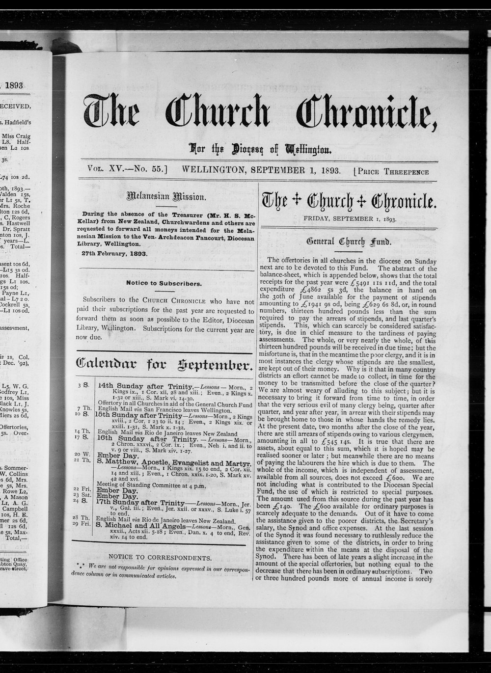 The Church Chronicle, Wellington: 1st September 1893