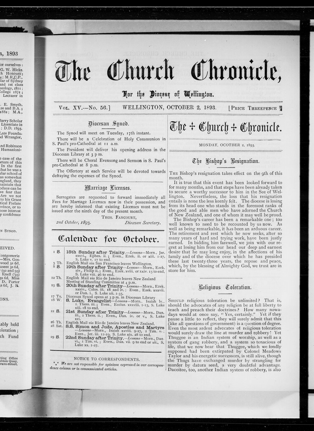 The Church Chronicle, Wellington: 2nd October 1893