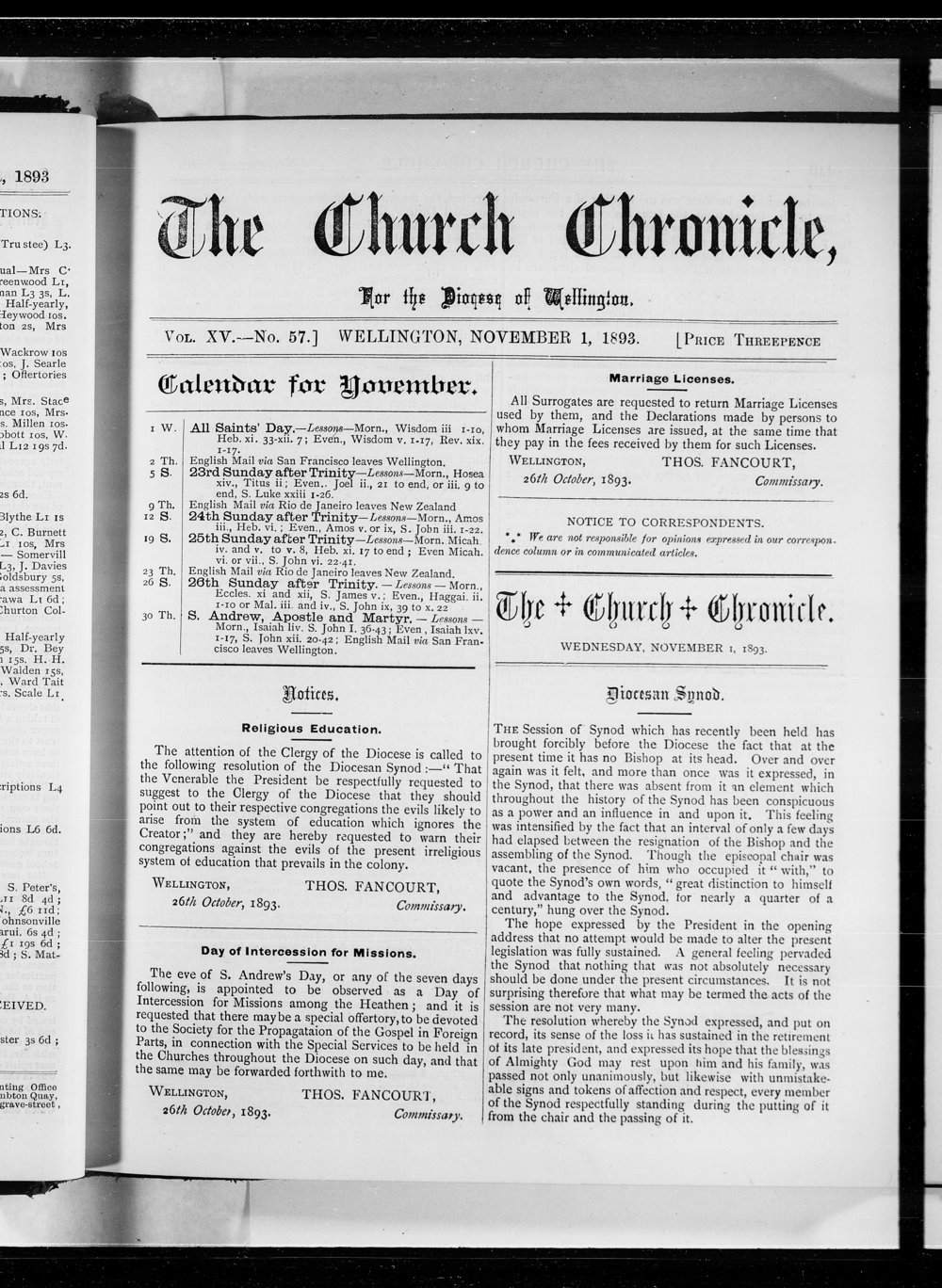 The Church Chronicle, Wellington: 1st November 1893
