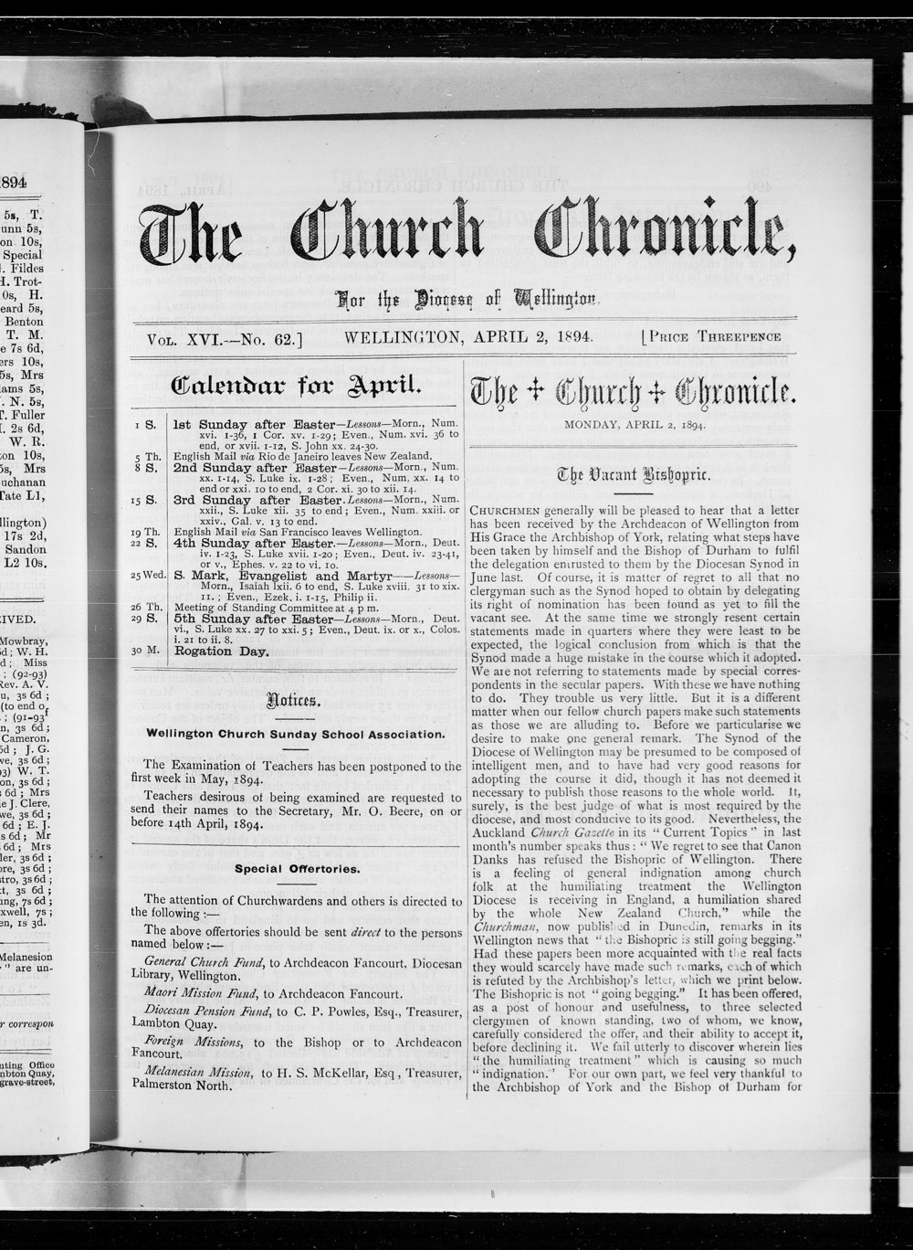 The Church Chronicle, Wellington: 2nd April 1894