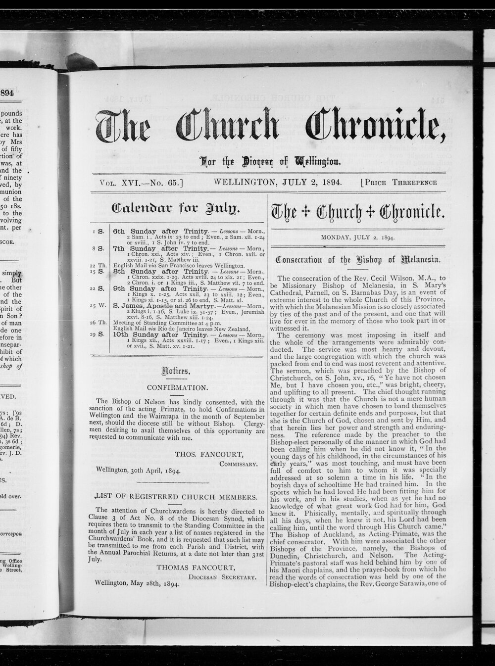 The Church Chronicle, Wellington: 2nd July 1894