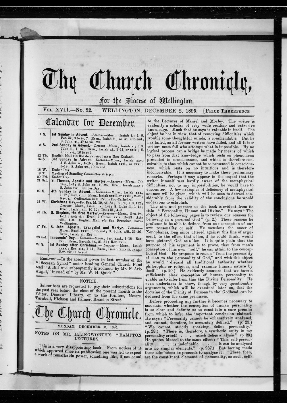 The Church Chronicle, Wellington: 1st December 1895