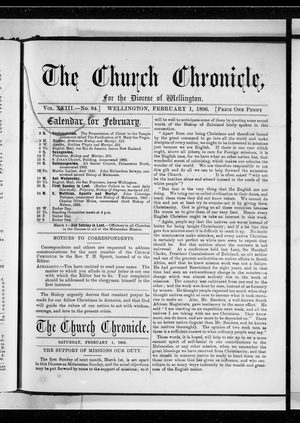 The Church Chronicle, Wellington: 1st February 1896