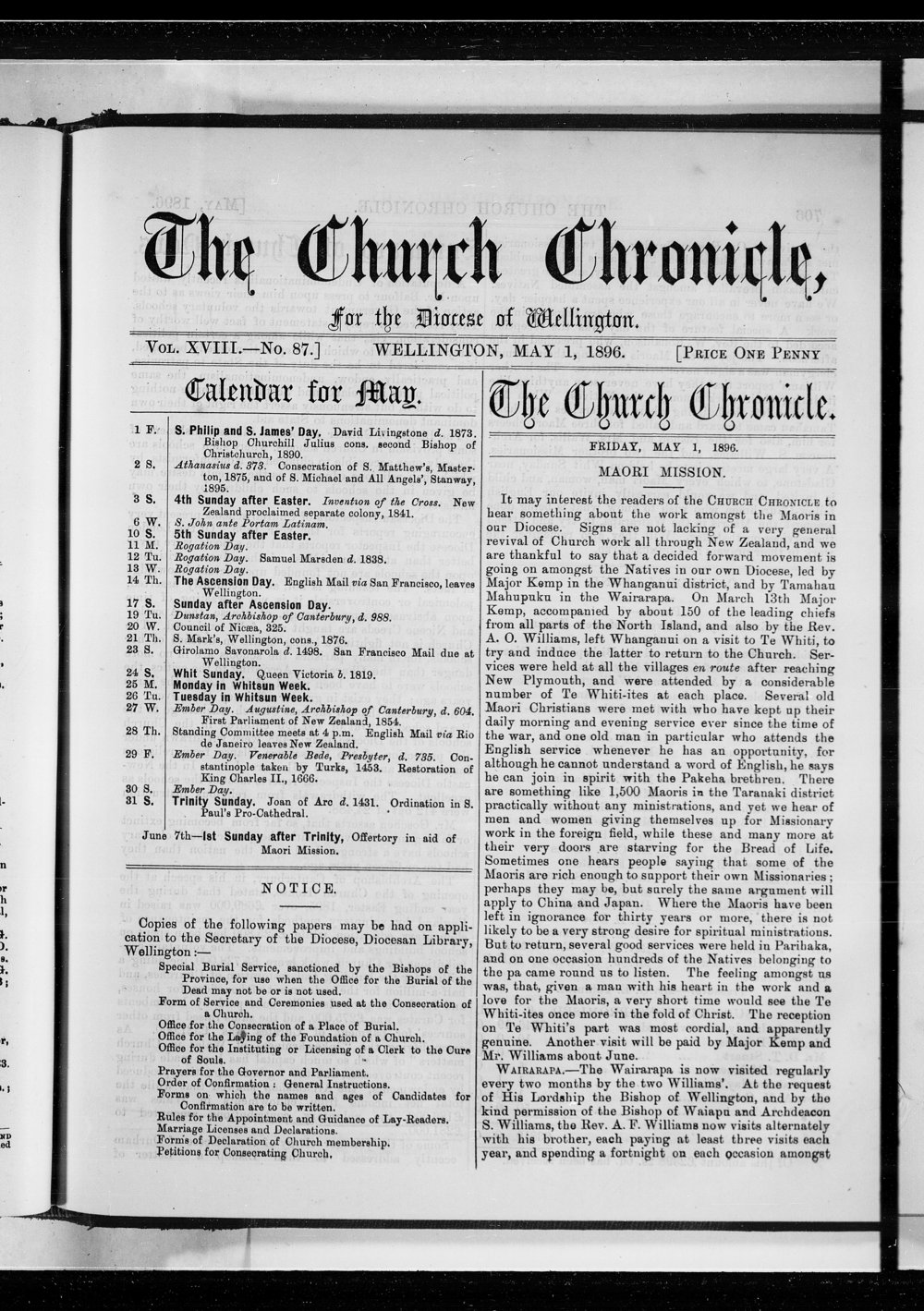 The Church Chronicle, Wellington: 1st May 1896