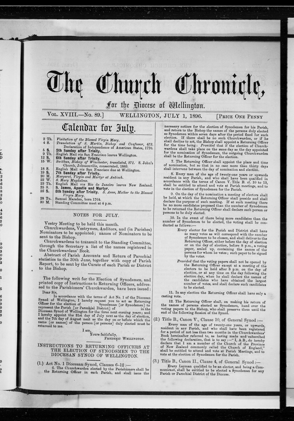 The Church Chronicle, Wellington: 1st July 1896