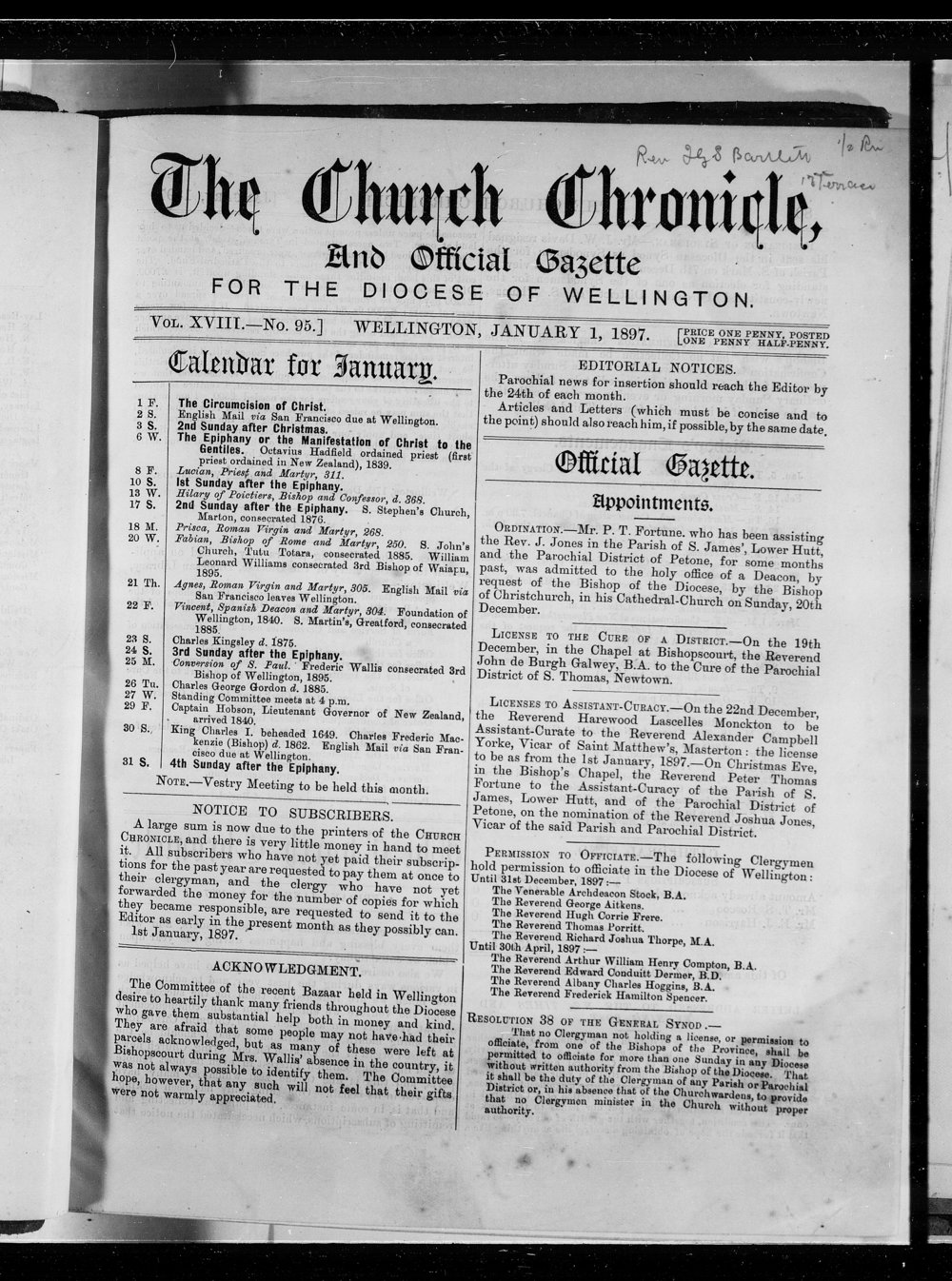 The Church Chronicle, Wellington: 1st January 1897