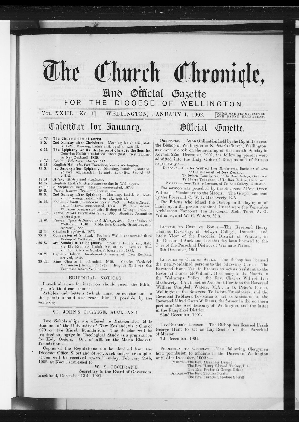 The Church Chronicle, Wellington: 1st January 1902