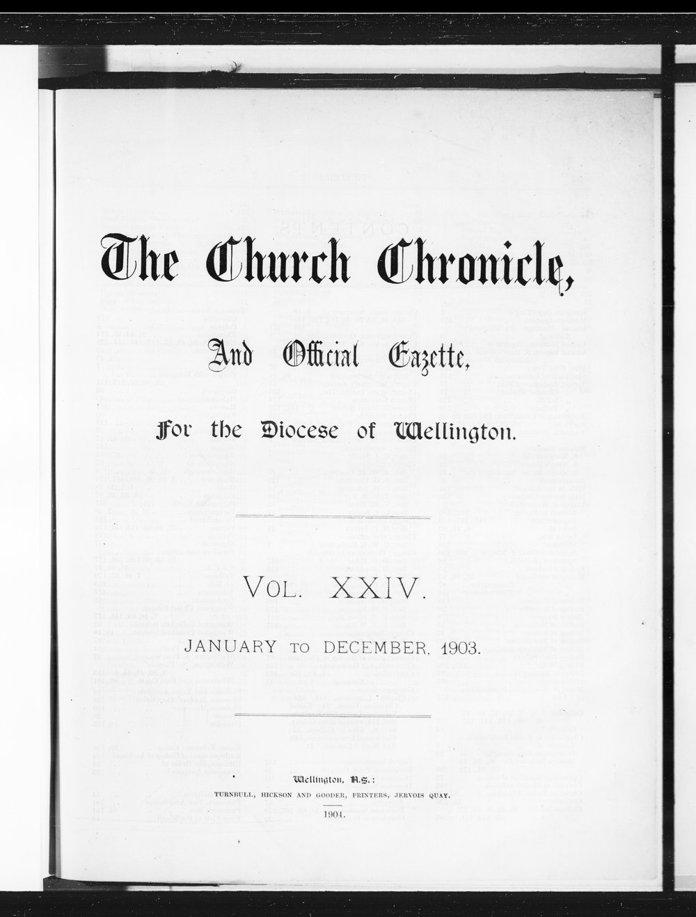 The Church Chronicle, Wellington: 1903 Contents