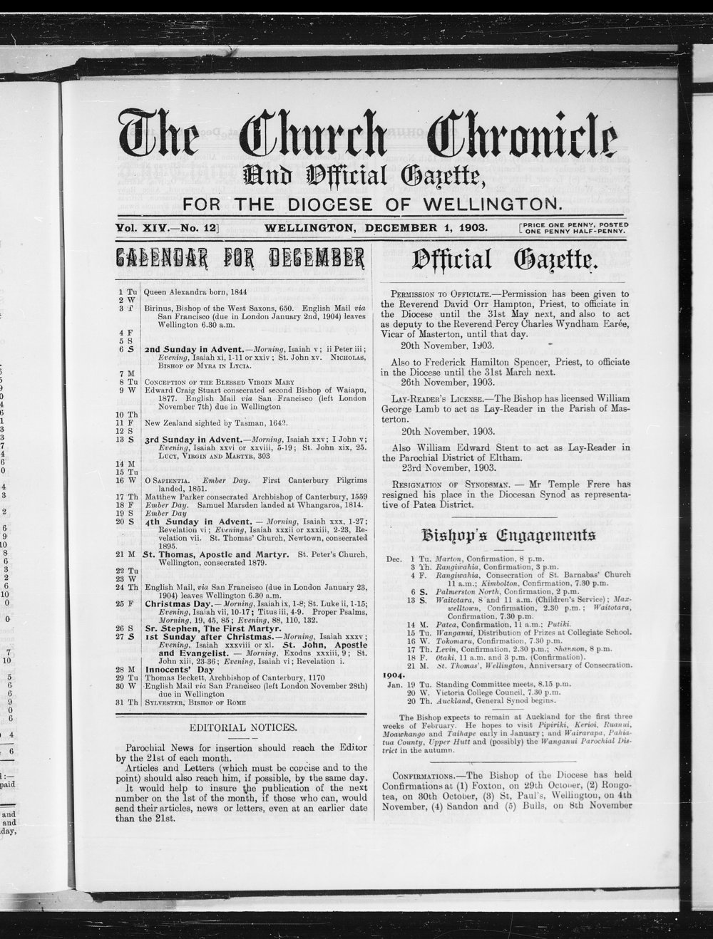 The Church Chronicle, Wellington: 1st December 1903