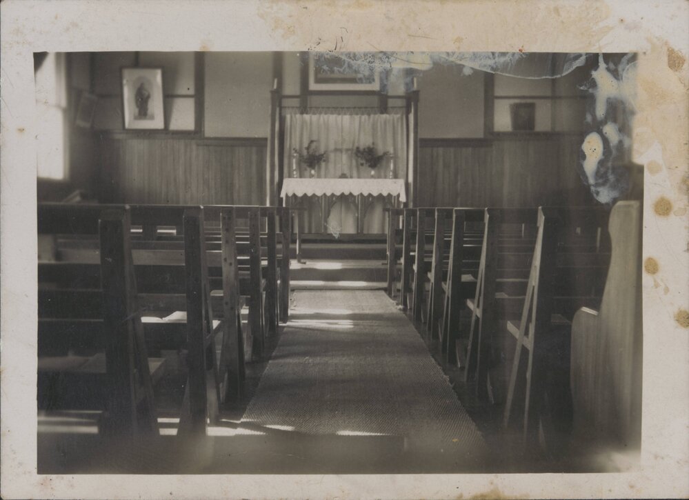 Hukarere School Chapel, interior view of altar and pews