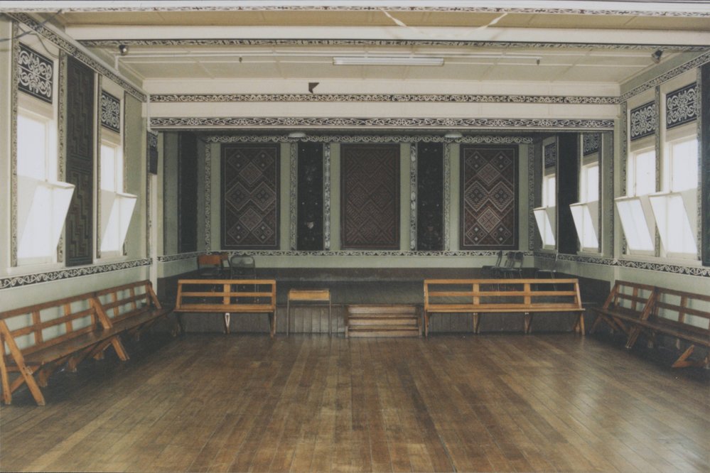 Interior of a a hall or room at Napier Terrace showing Maori panelling