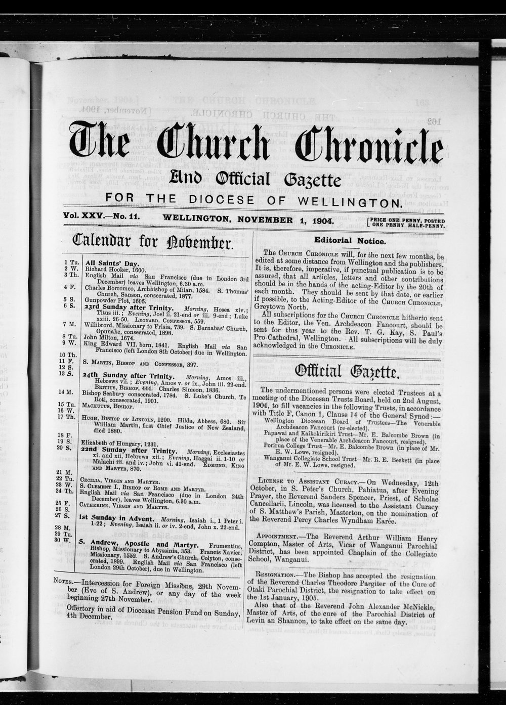 The Church Chronicle, Wellington: 1st November 1904