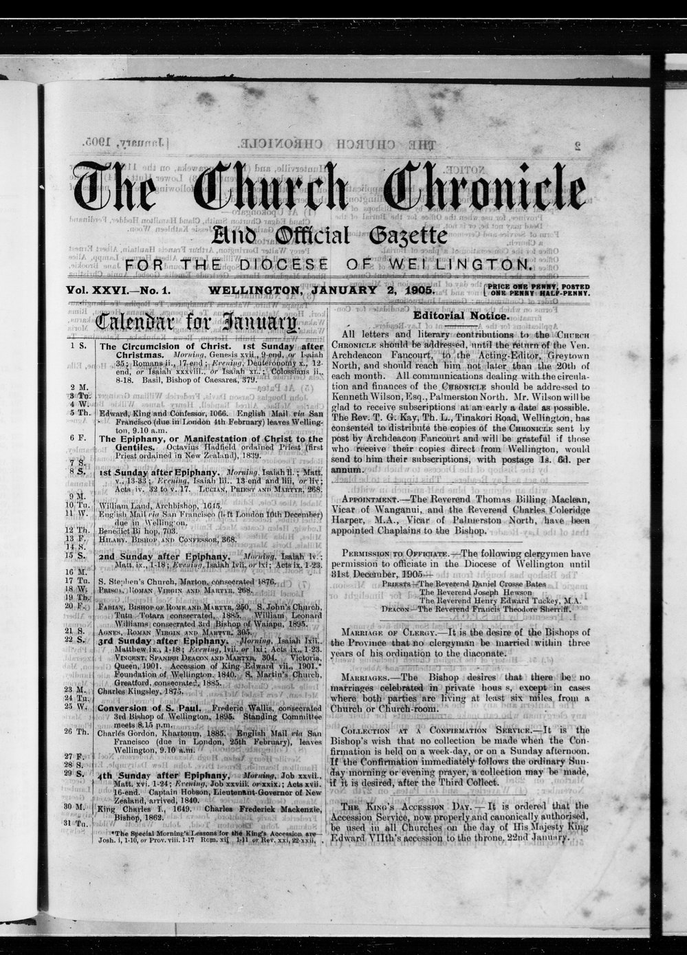The Church Chronicle, Wellington: 2nd January 1905