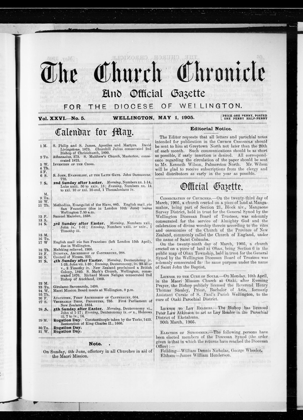 The Church Chronicle, Wellington: 1st May 1905
