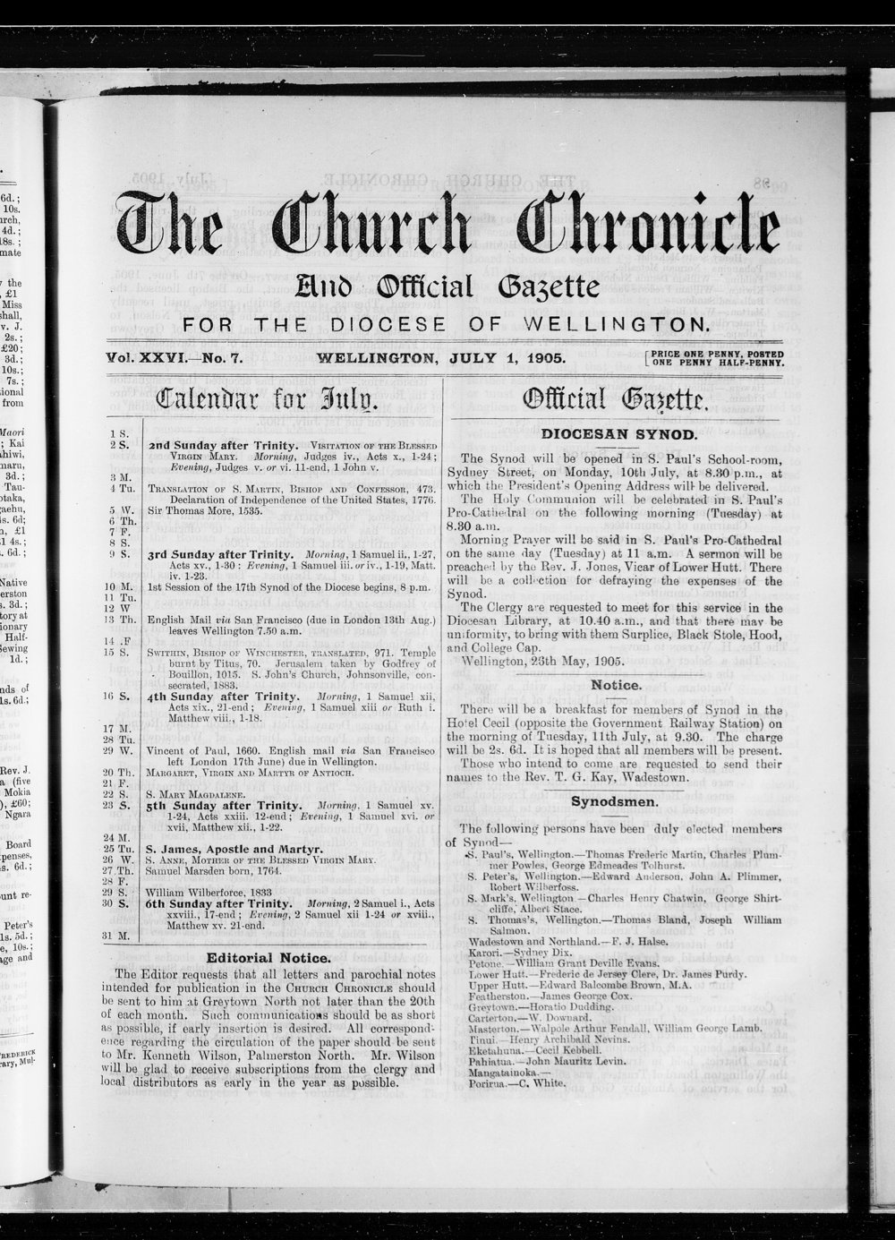 The Church Chronicle, Wellington: 1st July 1905