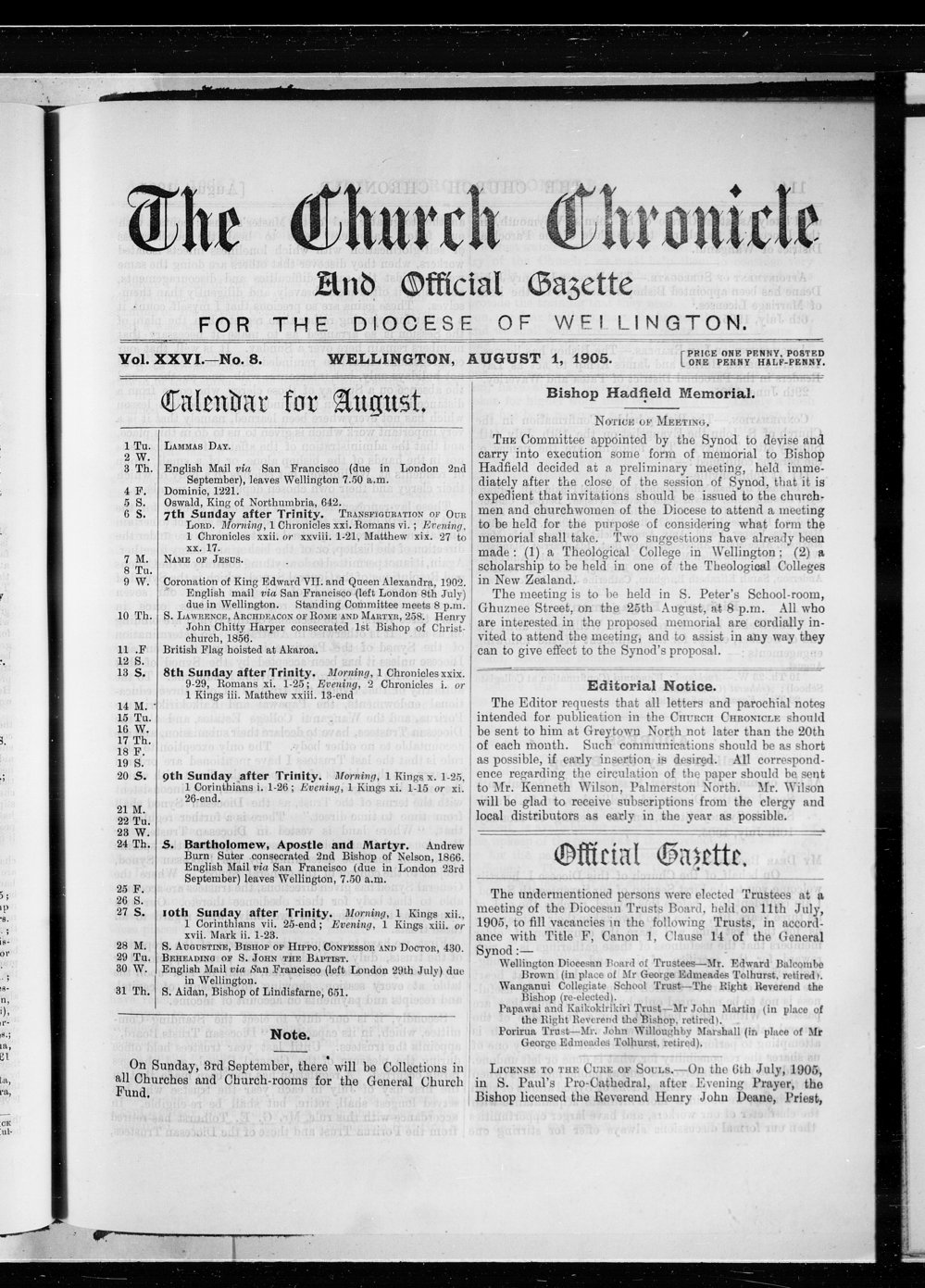 The Church Chronicle, Wellington: 1st August 1905