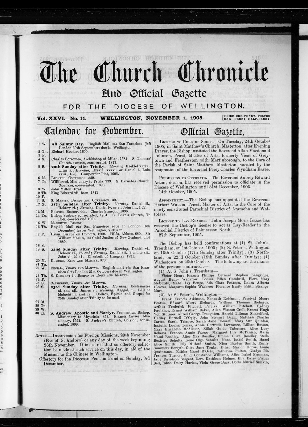 The Church Chronicle, Wellington: 1st November 1905