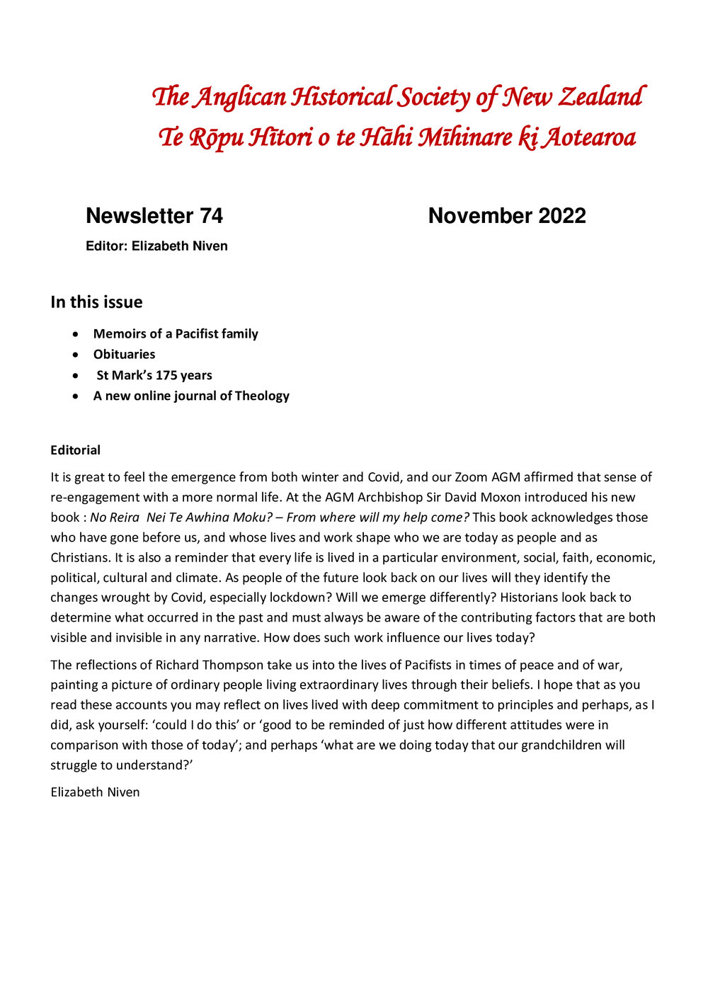 Anglican Historical Society November 2022 - Newsletter 74