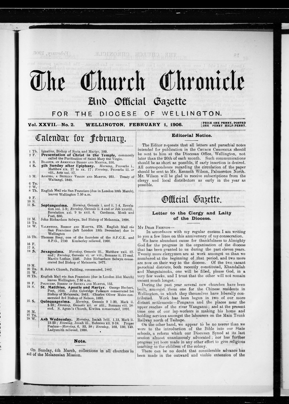 The Church Chronicle, Wellington: 1st February 1906