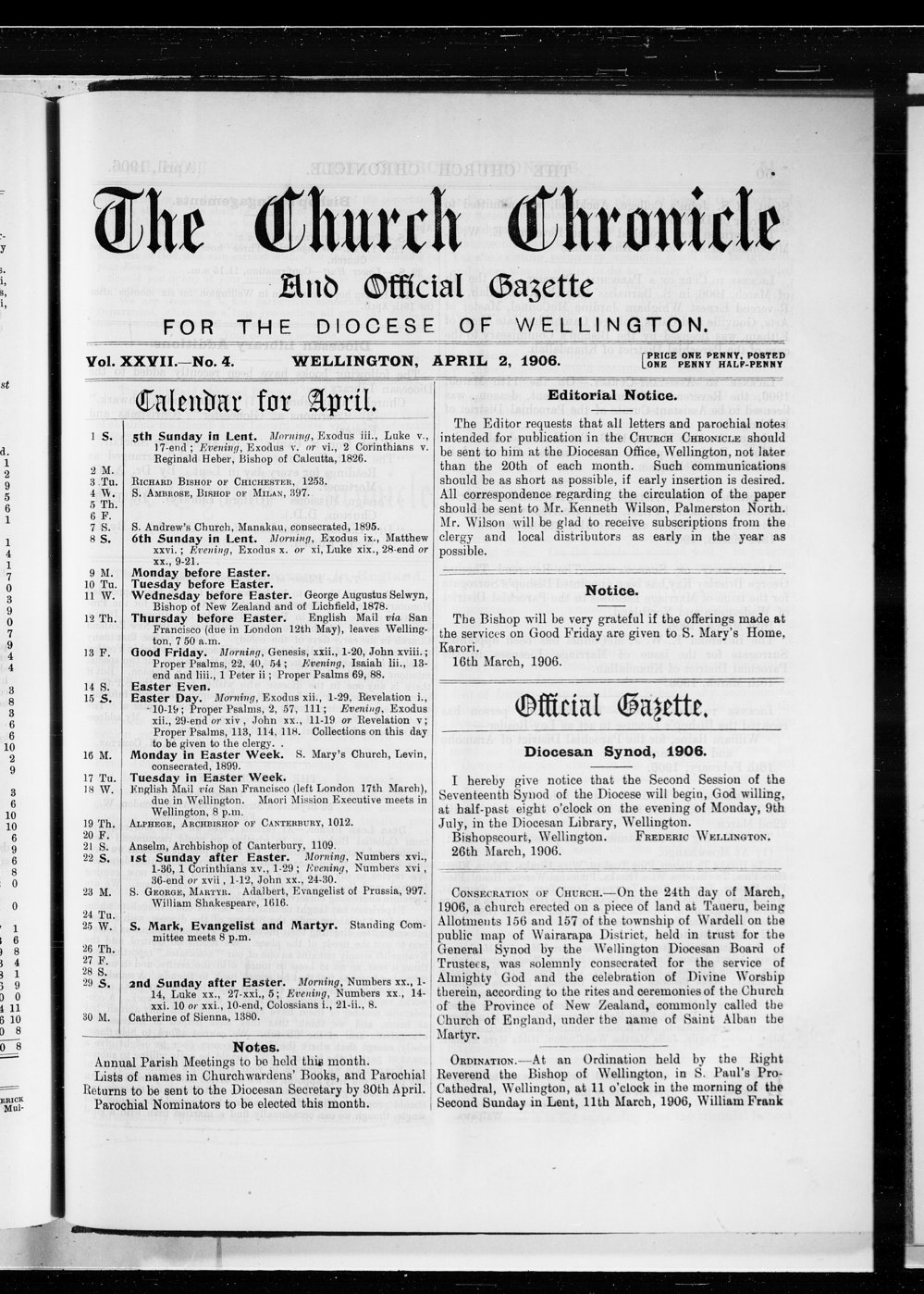 The Church Chronicle, Wellington: 1st April 1906