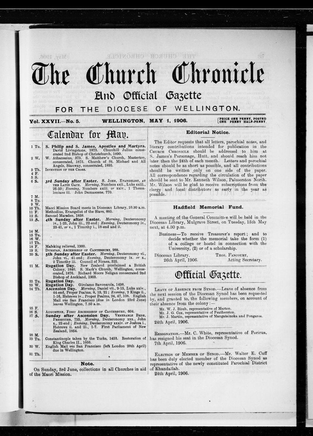 The Church Chronicle, Wellington: 1st May 1906