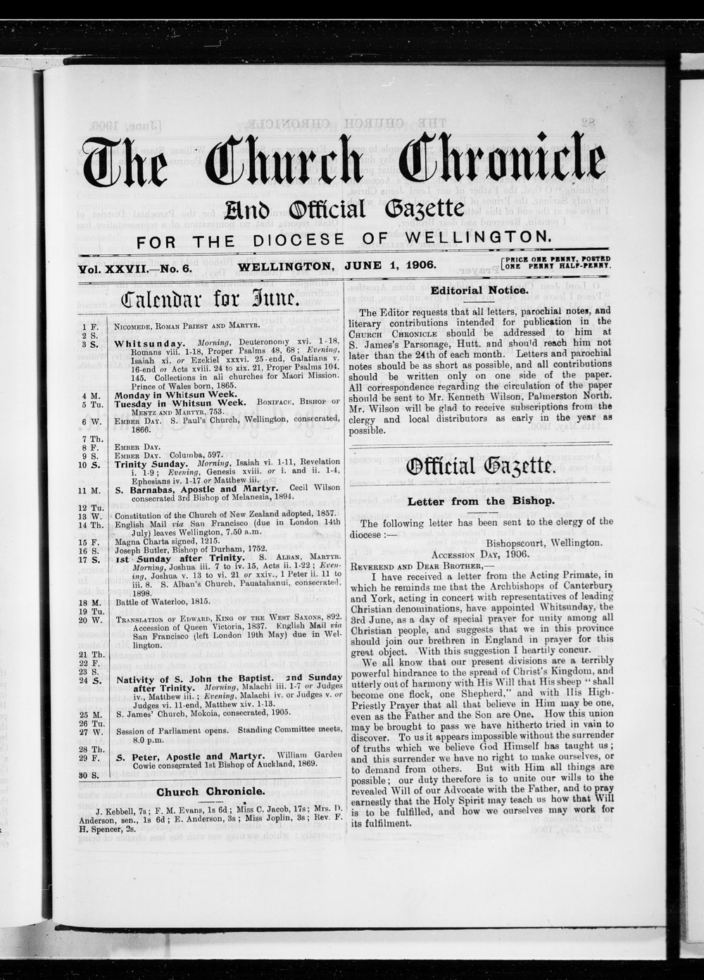 The Church Chronicle, Wellington: 1st June 1906