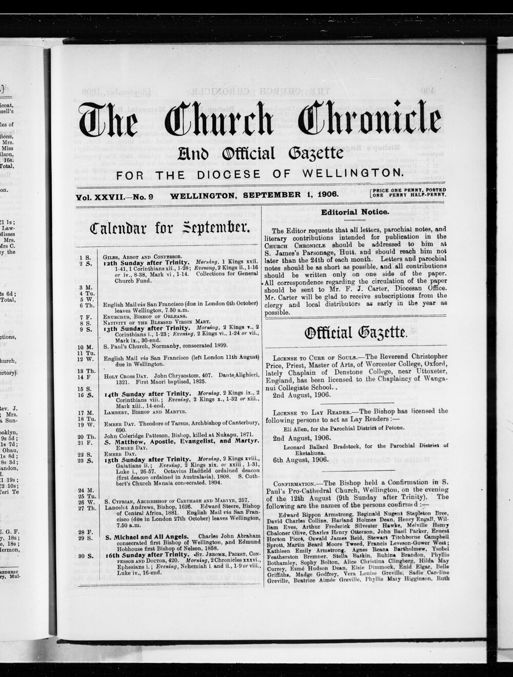 The Church Chronicle, Wellington: 1st September 1906