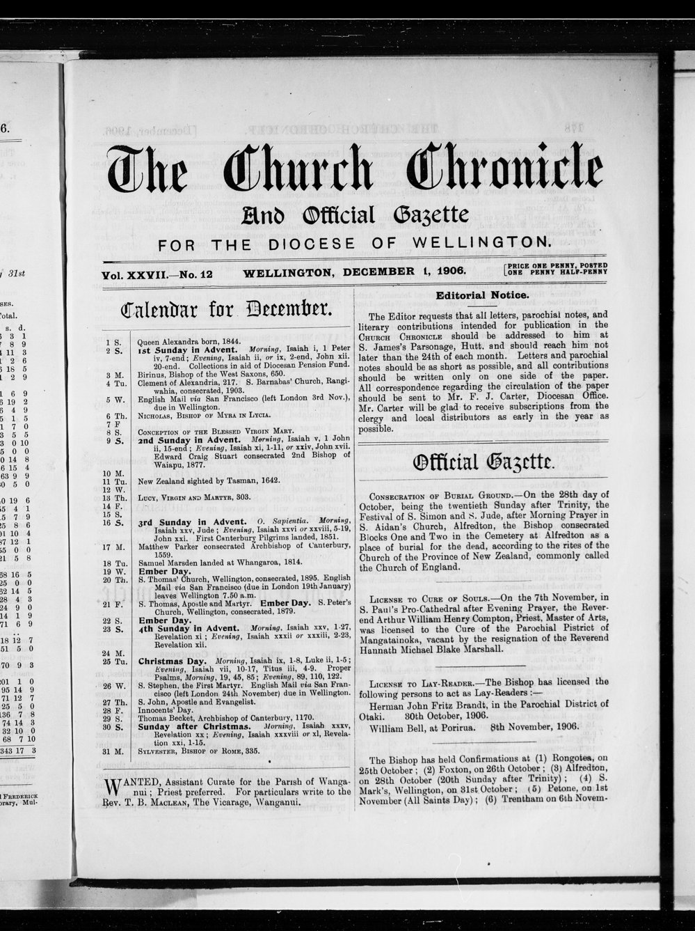 The Church Chronicle, Wellington: 1st December 1906