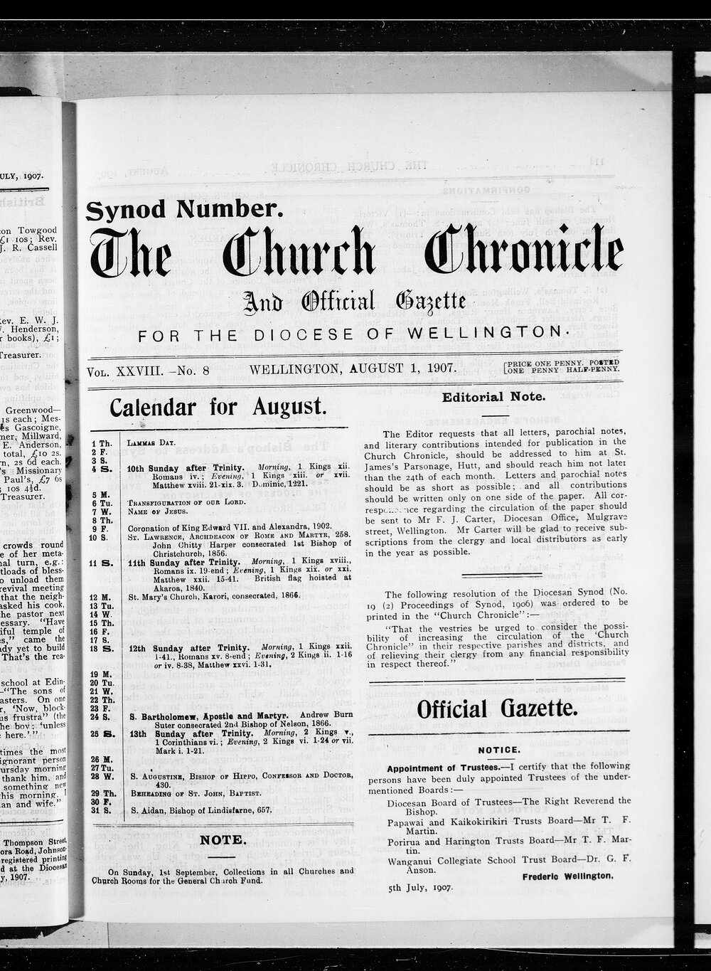 The Church Chronicle, Wellington: 1st August 1907
