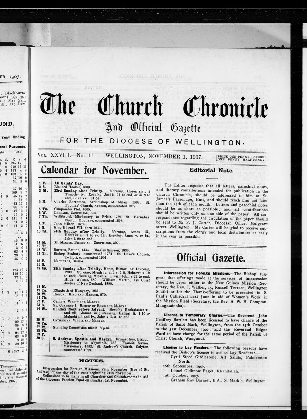 The Church Chronicle, Wellington: 1st November 1907