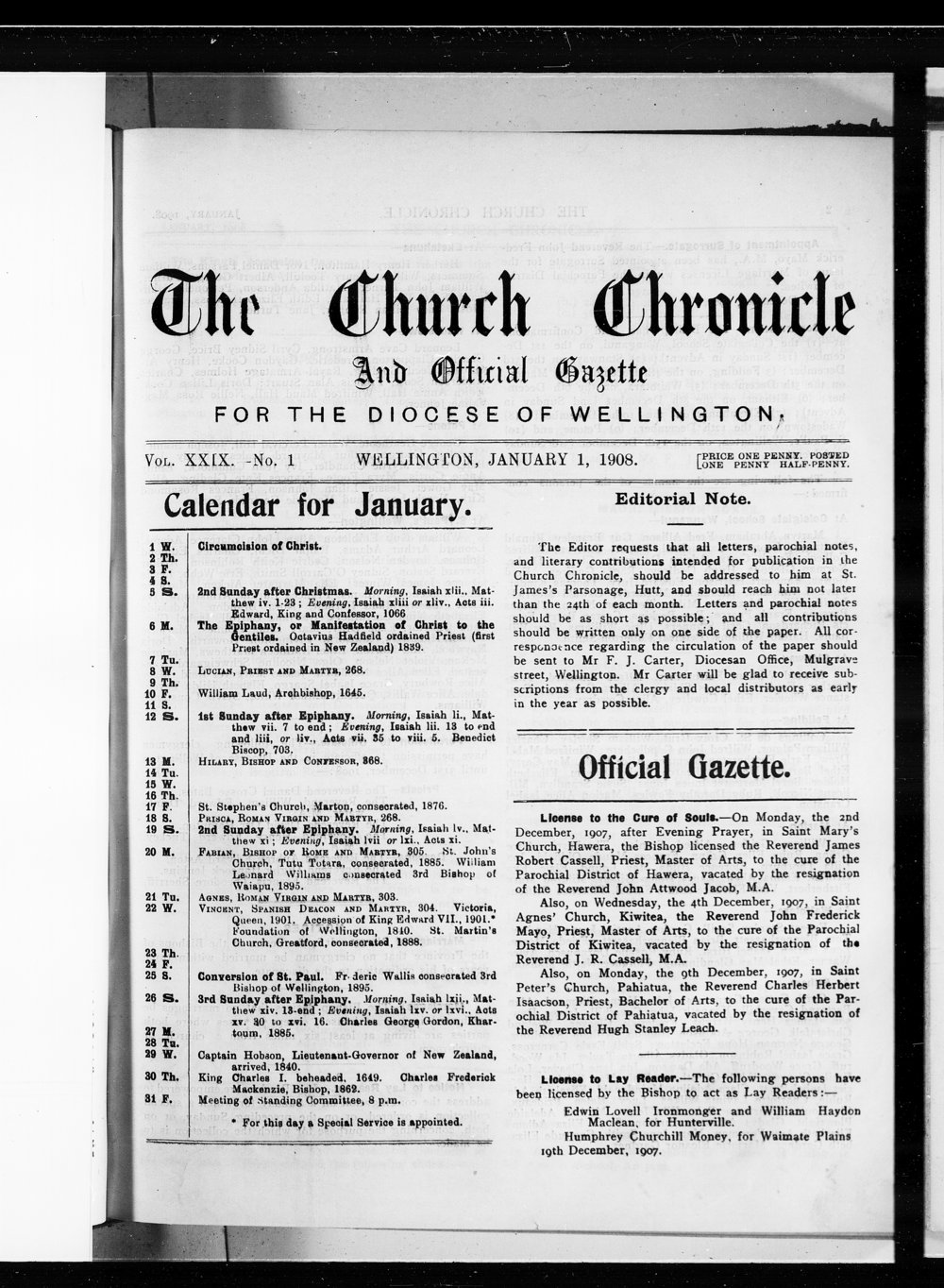 The Church Chronicle, Wellington: 1st January 1908