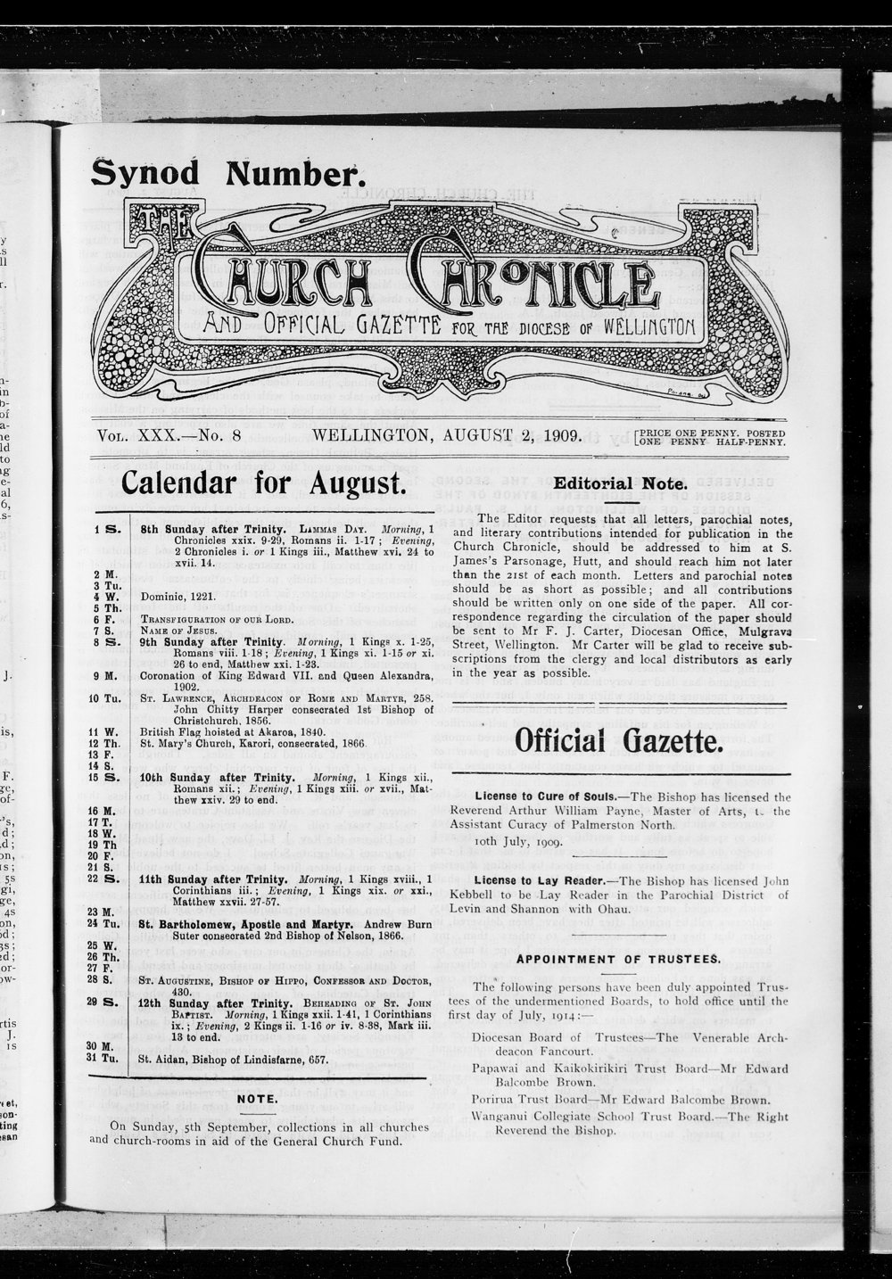 The Church Chronicle, Wellington: 2nd August 1909