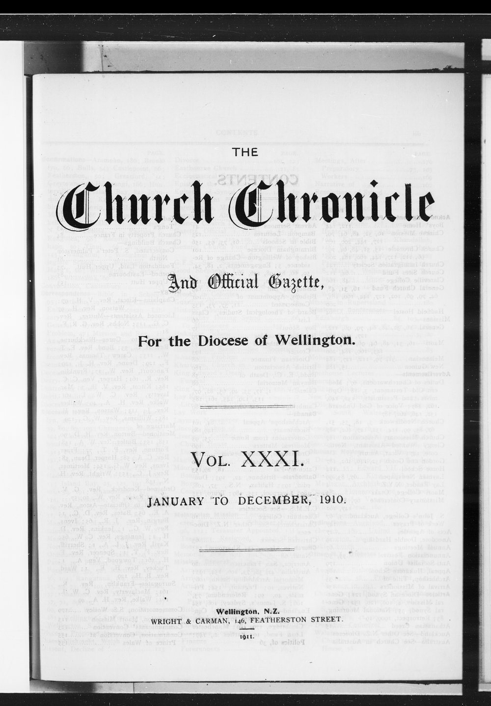 The Church Chronicle, Wellington: 1910 Contents