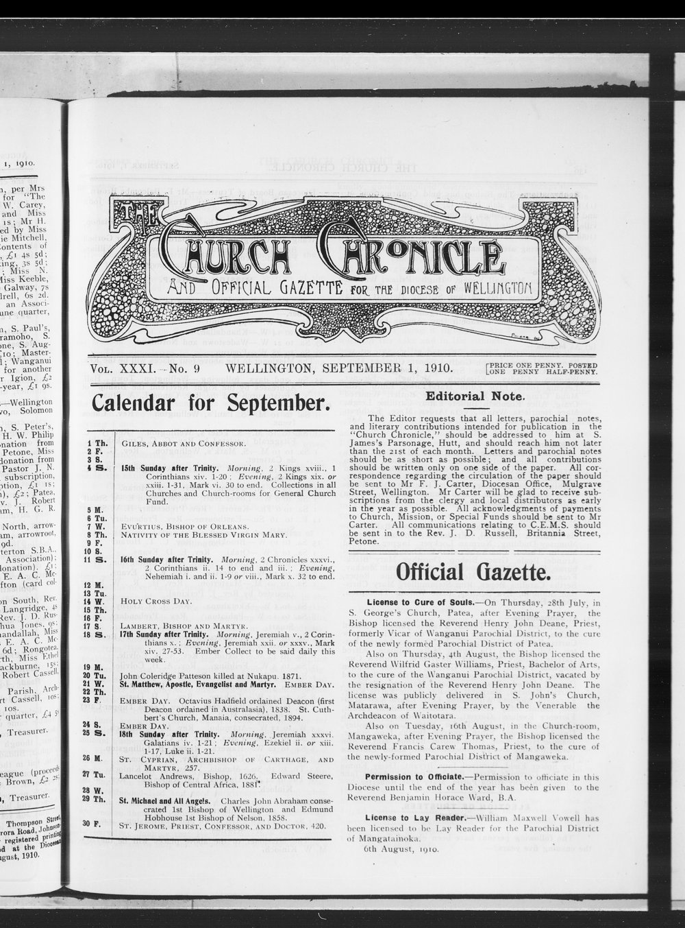 The Church Chronicle, Wellington: 1st September 1910