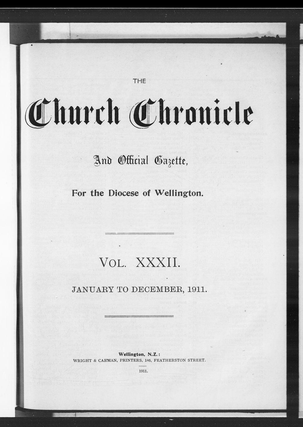 The Church Chronicle, Wellington: 1911 Contents