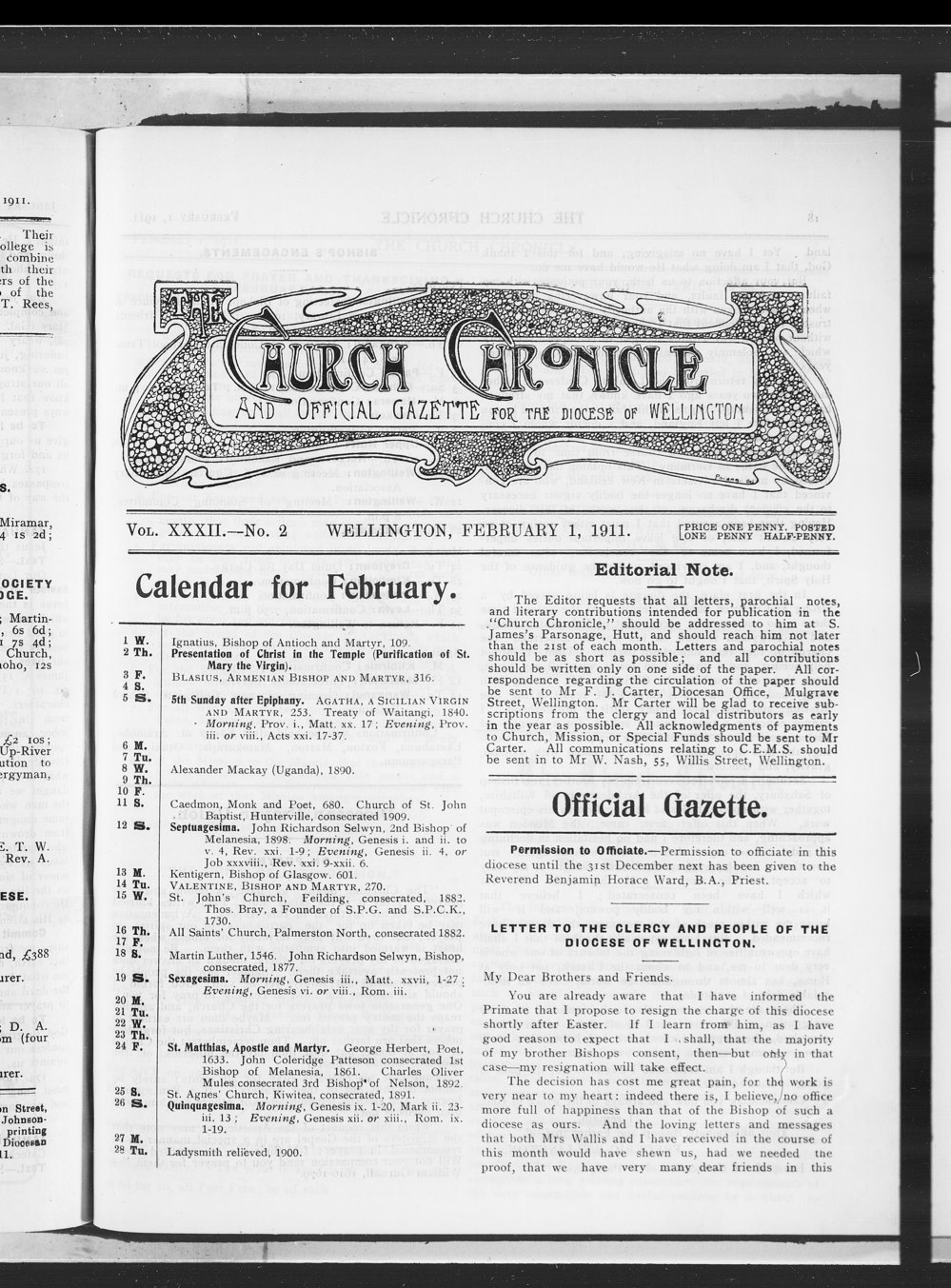 The Church Chronicle, Wellington: 1st February 1911