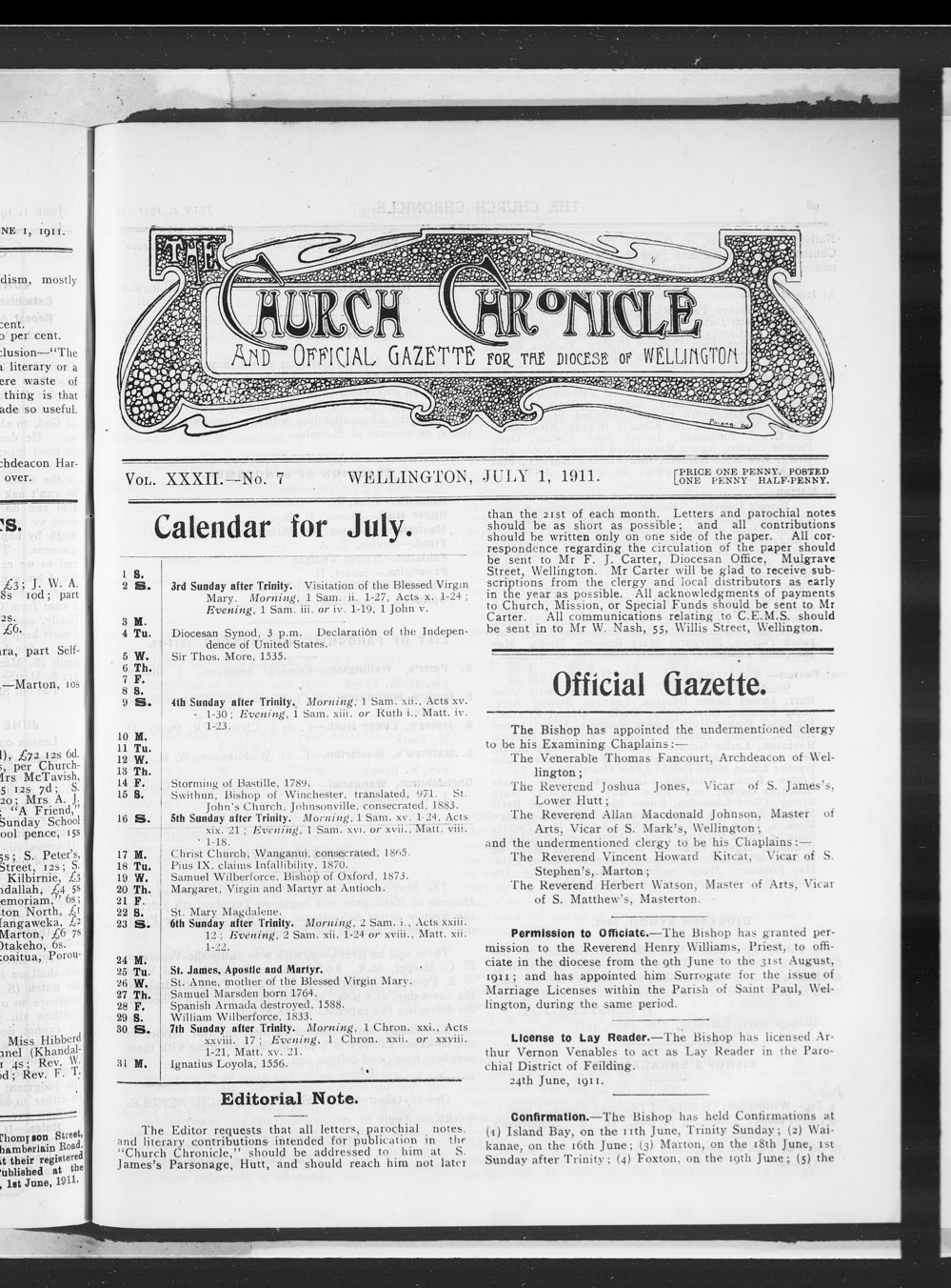 The Church Chronicle, Wellington: 1st July 1911