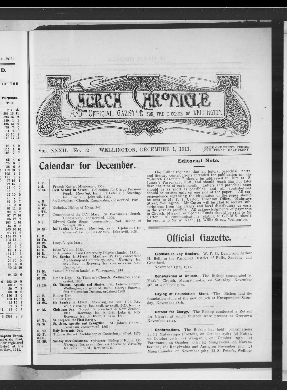 The Church Chronicle, Wellington: 1st December 1911
