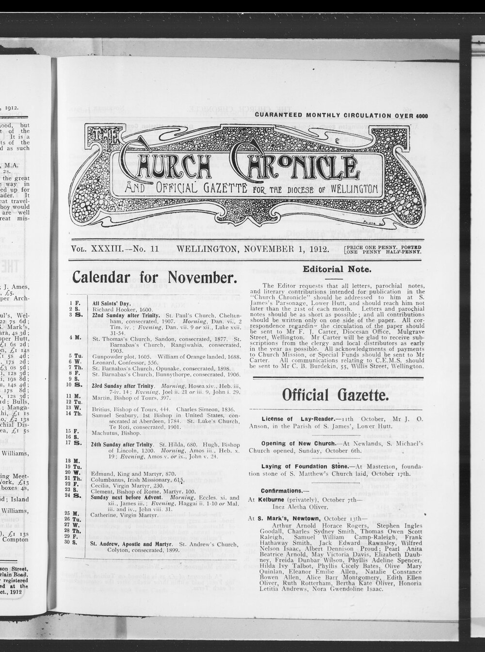 The Church Chronicle, Wellington: 1st November 1912